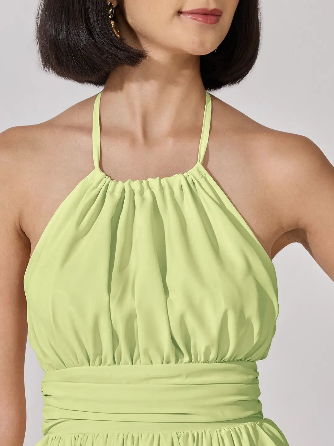 Women's Green Halter Neck Tiered Flared Maxi Dress - from SHOWOFFFF