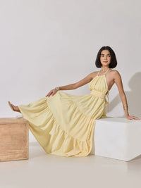Women's Yellow Halter Neck Fit & Flared Maxi Dress