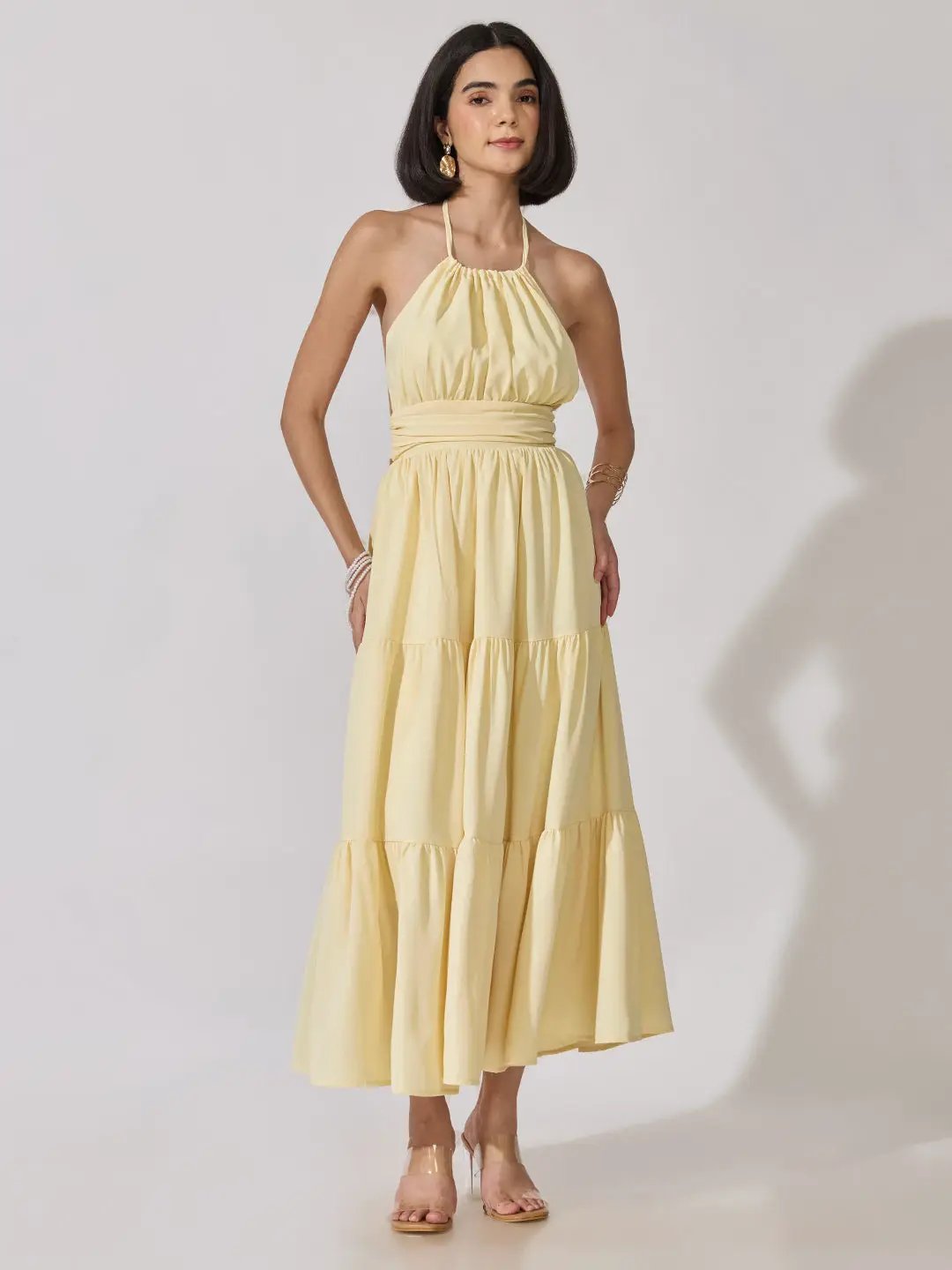 Women's Yellow Halter Neck Tiered Flared Maxi Dress