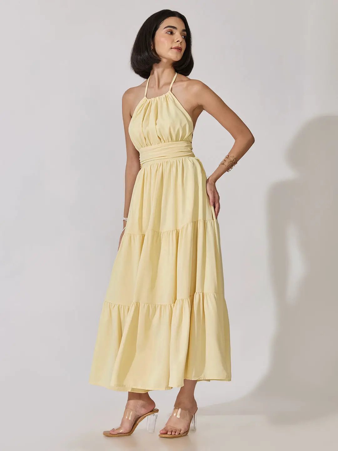 Women's Yellow Halter Neck Tiered Flared Maxi Dress