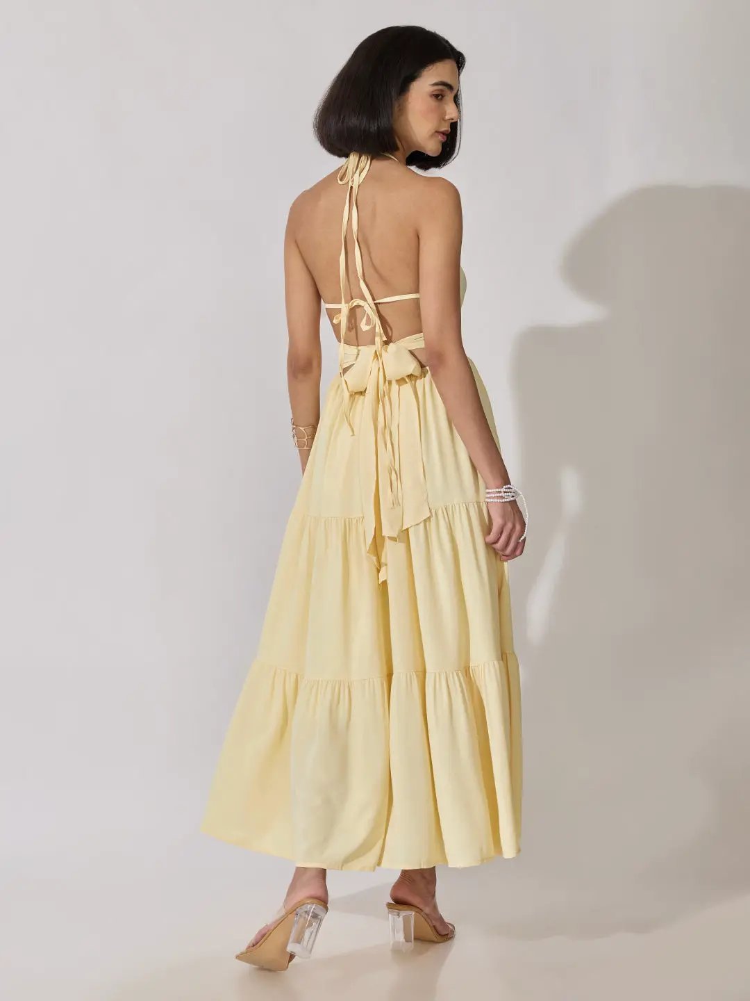 Women's Yellow Halter Neck Tiered Flared Maxi Dress