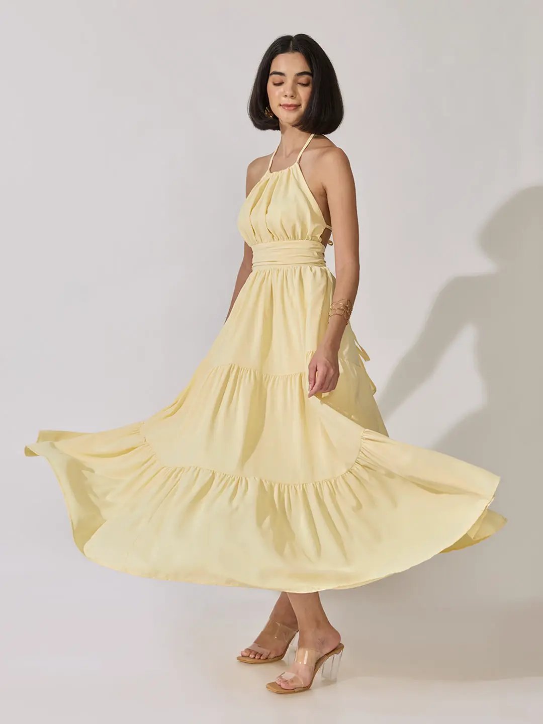 Women's Yellow Halter Neck Tiered Flared Maxi Dress