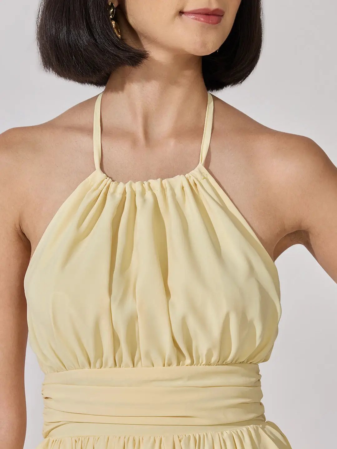 Women's Yellow Halter Neck Tiered Flared Maxi Dress
