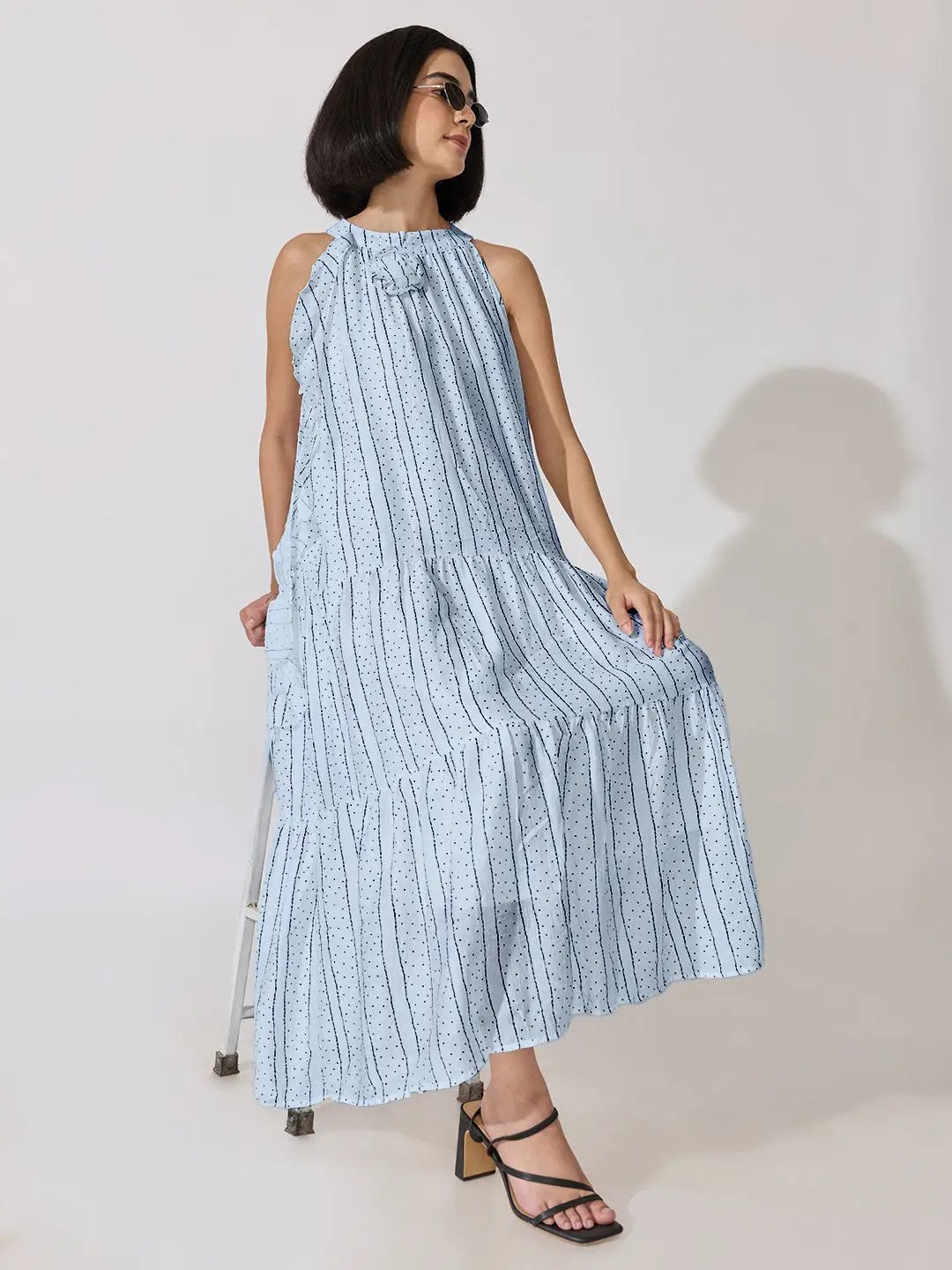 Women's Striped Printed Blue Sleeveless Maxi Dress with Floral Appliqué - from SHOWOFFFF