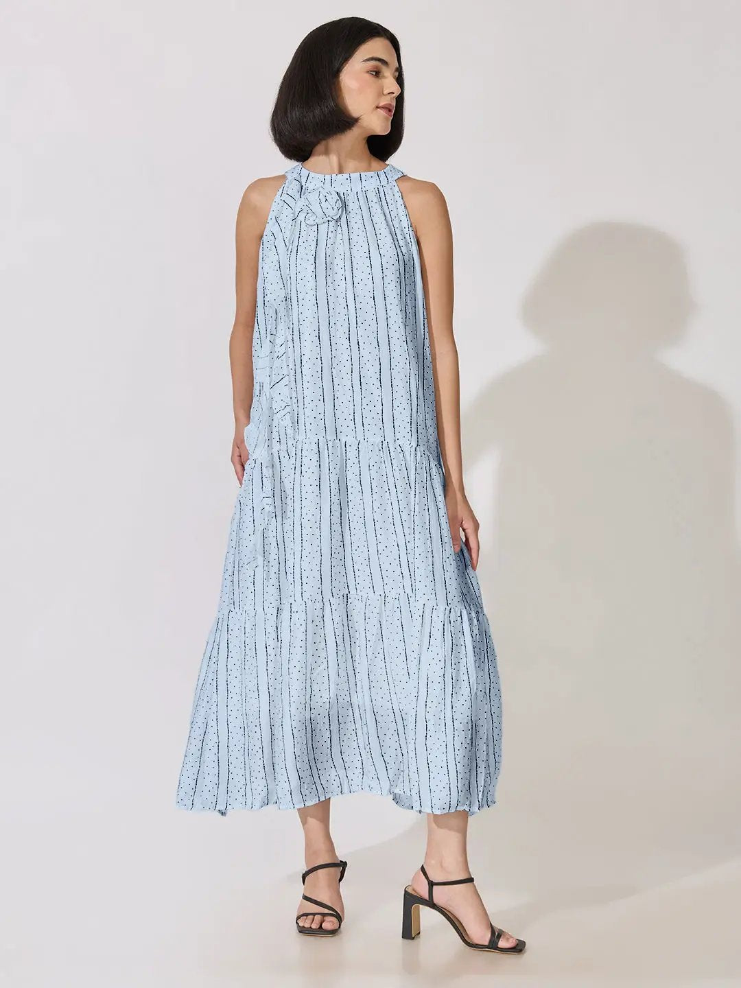 Women's Striped Printed Blue Sleeveless Maxi Dress with Floral Appliqué - from SHOWOFFFF
