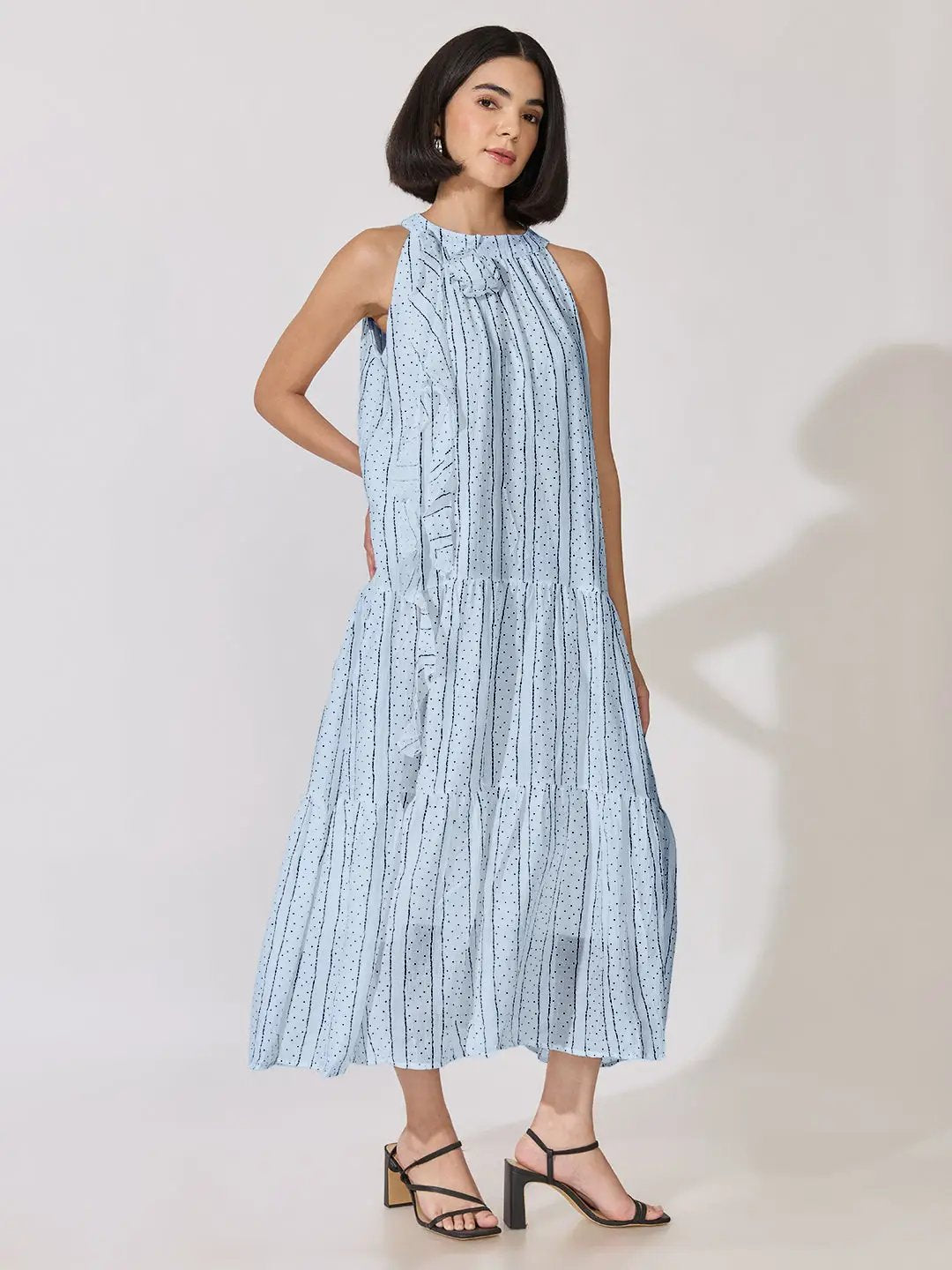 Women's Striped Printed Blue Sleeveless Maxi Dress with Floral Appliqué - from SHOWOFFFF