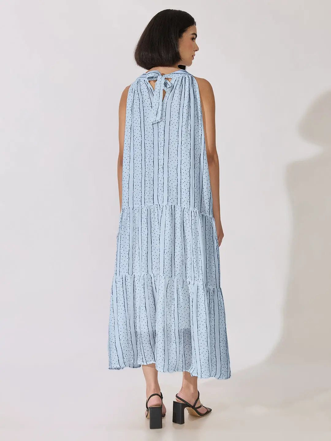 Women's Striped Printed Blue Sleeveless Maxi Dress with Floral Appliqué - from SHOWOFFFF