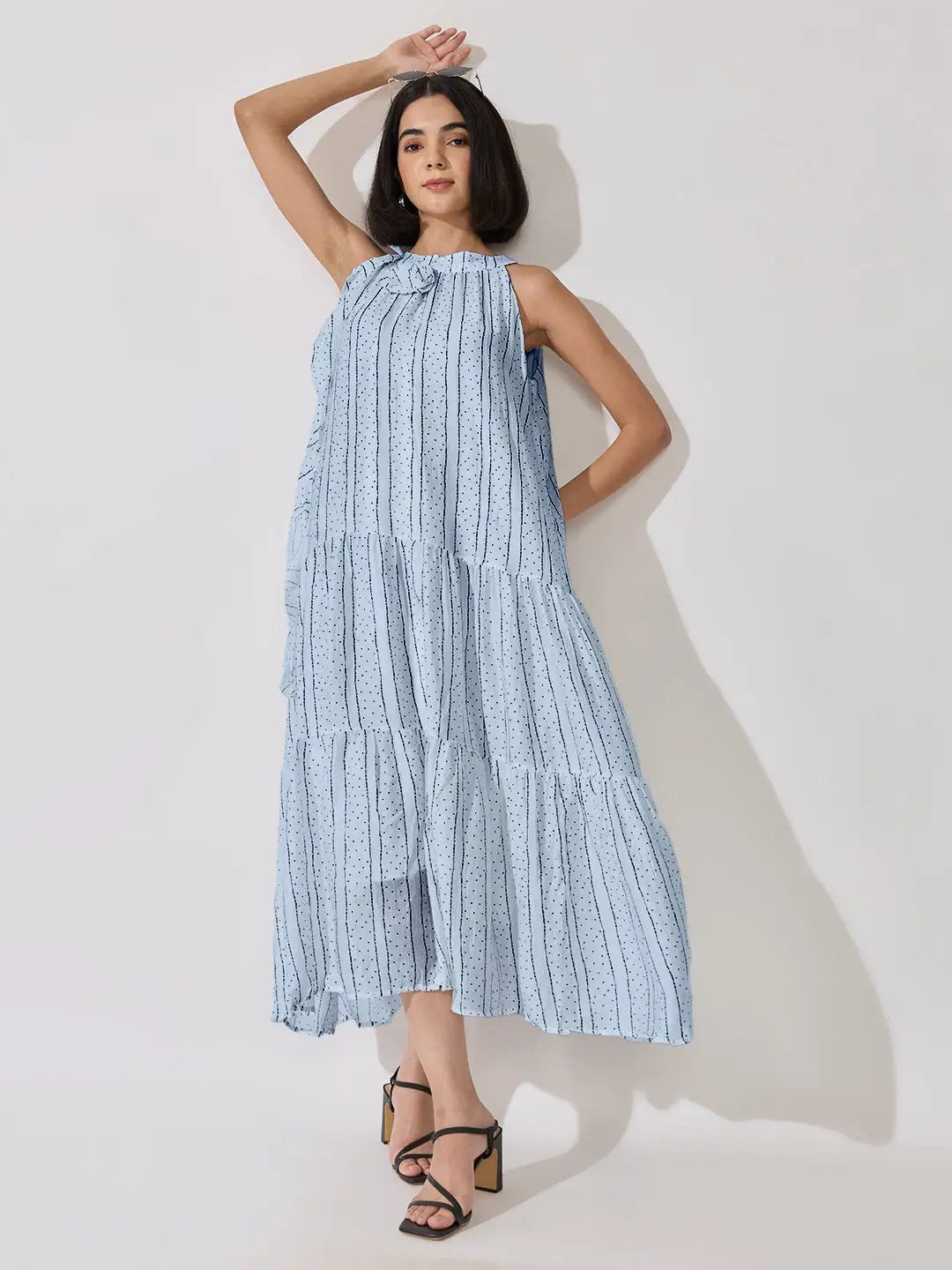 Women's Striped Printed Blue Sleeveless Maxi Dress with Floral Appliqué - from SHOWOFFFF