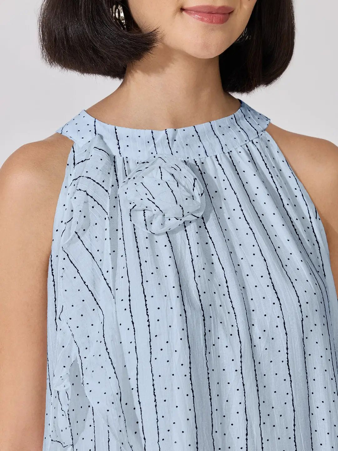 Women's Striped Printed Blue Sleeveless Maxi Dress with Floral Appliqué - from SHOWOFFFF