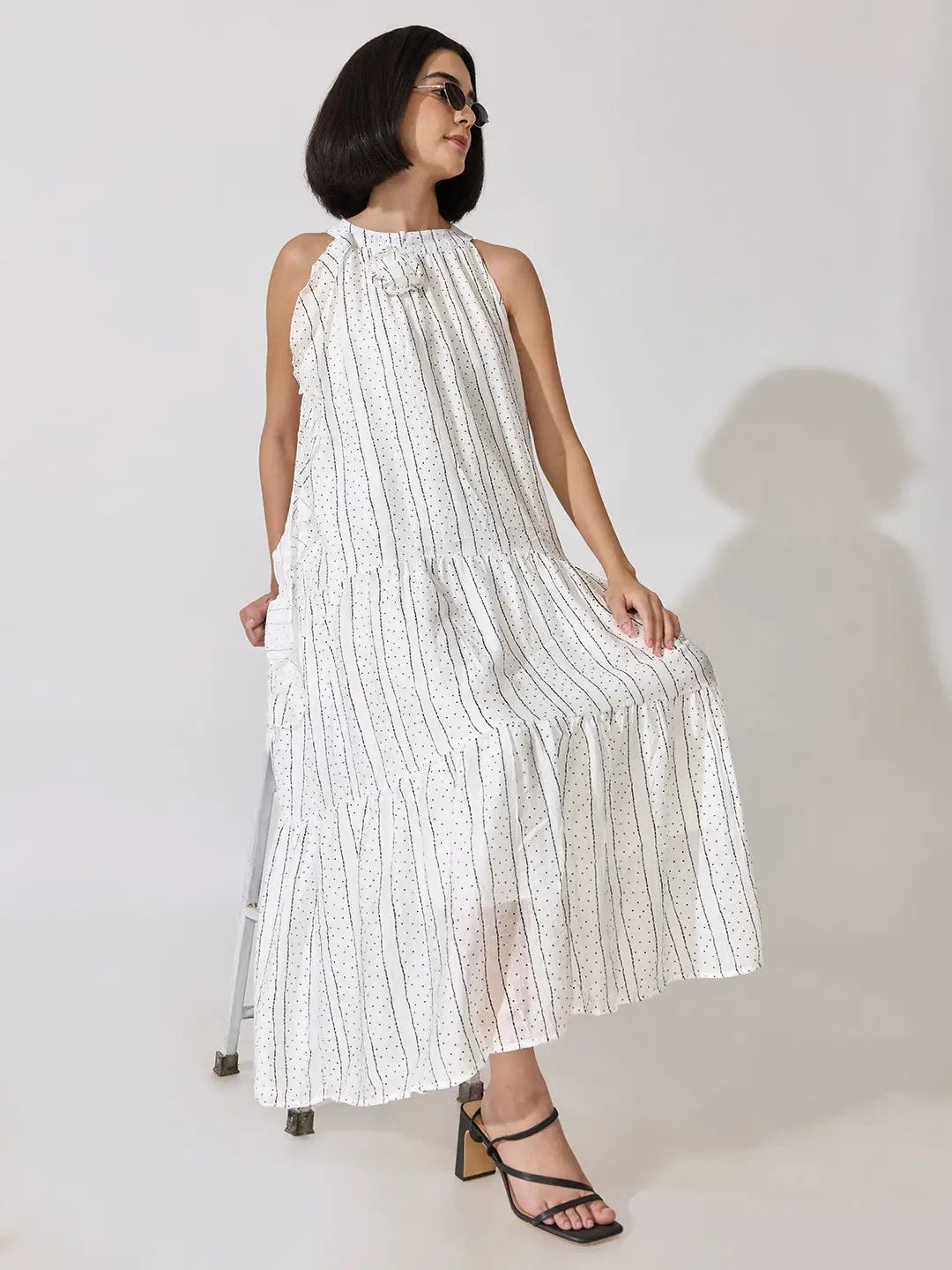 Women's Striped Printed White Sleeveless Maxi Dress with Floral Appliqué