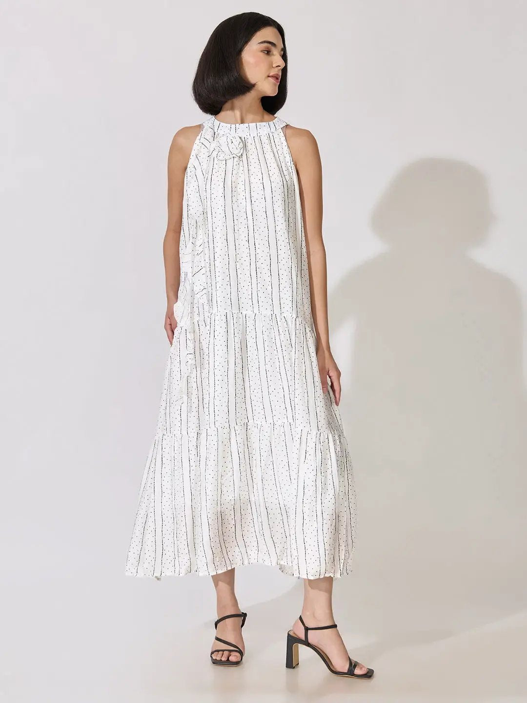 Women's Striped Printed White Sleeveless Maxi Dress with Floral Appliqué