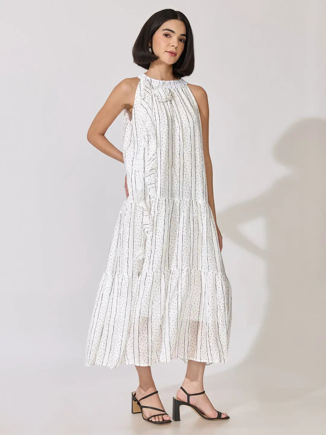 Women's Striped Printed White Sleeveless Maxi Dress with Floral Appliqué