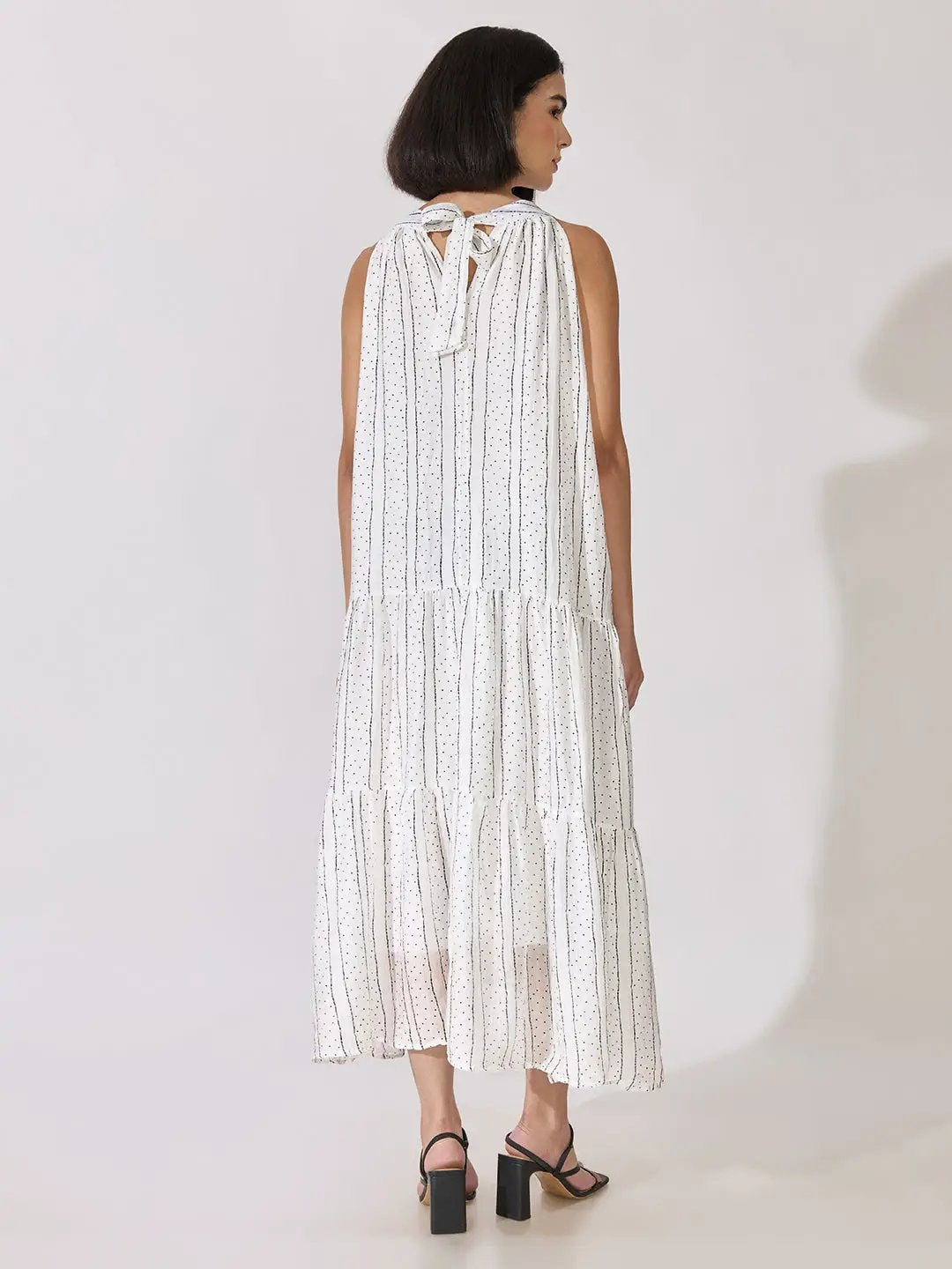 Women's Striped Printed White Sleeveless Maxi Dress with Floral Appliqué
