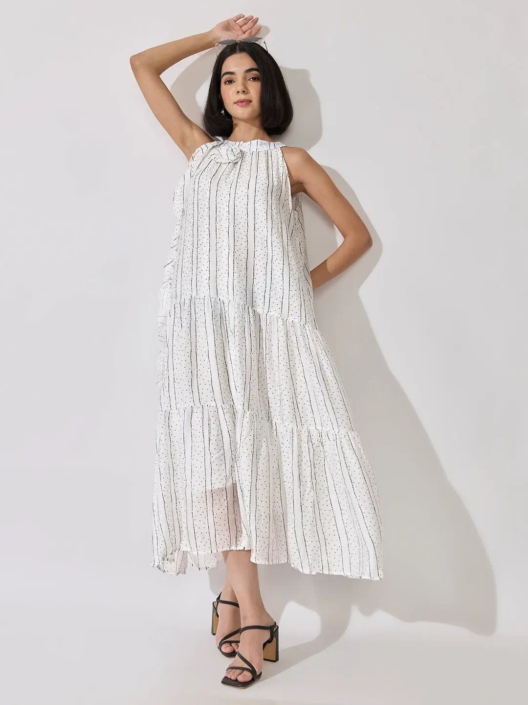 Women's Striped Printed White Sleeveless Maxi Dress with Floral Appliqué