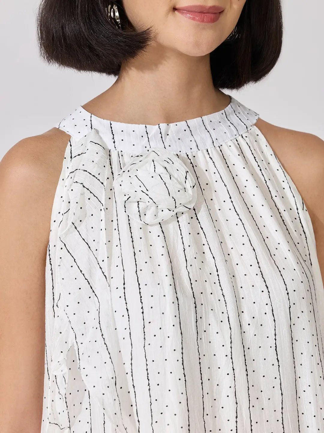 Women's Striped Printed White Sleeveless Maxi Dress with Floral Appliqué