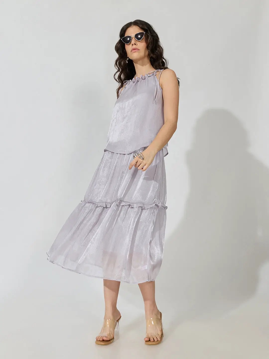 Women's Purple Tie-Up Neck Sleeveless Midi Dress