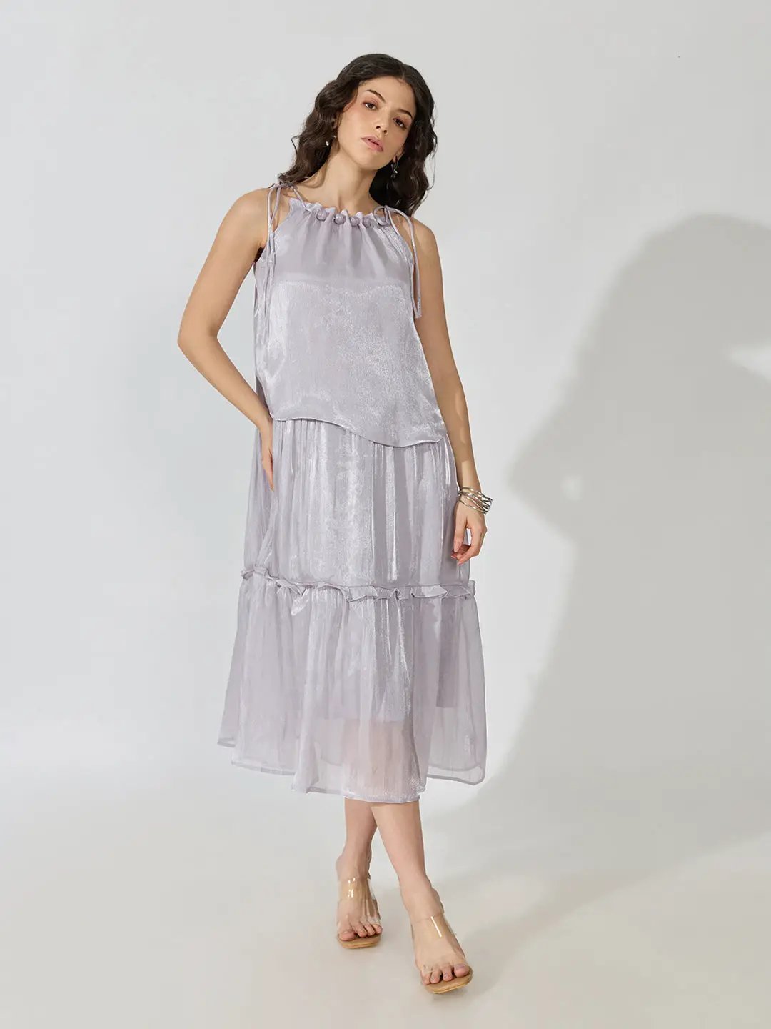 Women's Purple Tie-Up Neck Sleeveless Midi Dress