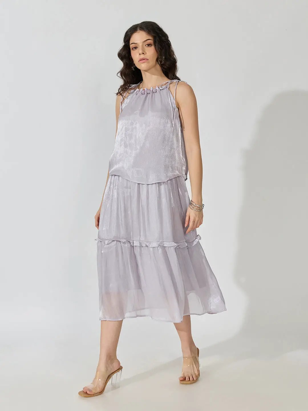 Women's Purple Tie-Up Neck Sleeveless Midi Dress