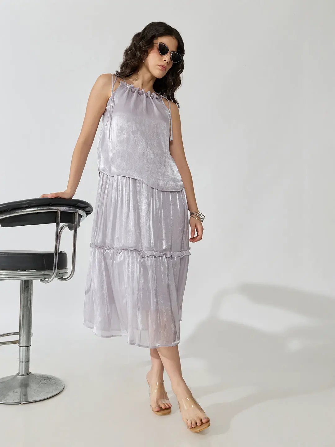 Women's Purple Tie-Up Neck Sleeveless Midi Dress