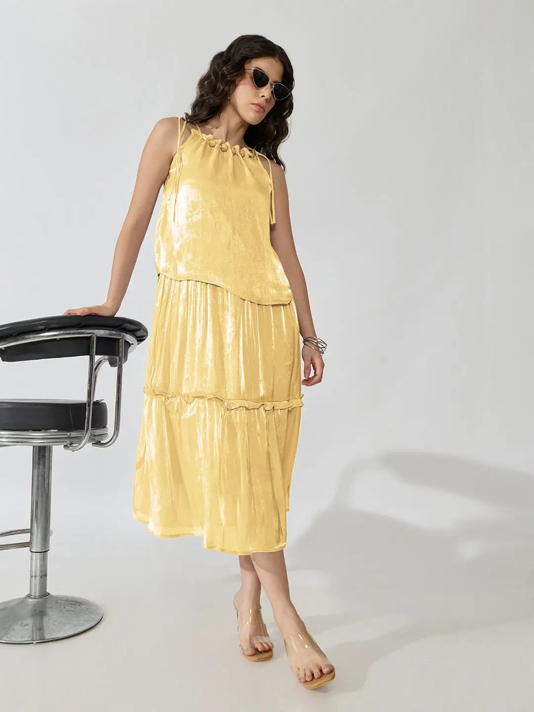 Women's Purple Yellow Neck Sleeveless Midi Dress - from SHOWOFFFF