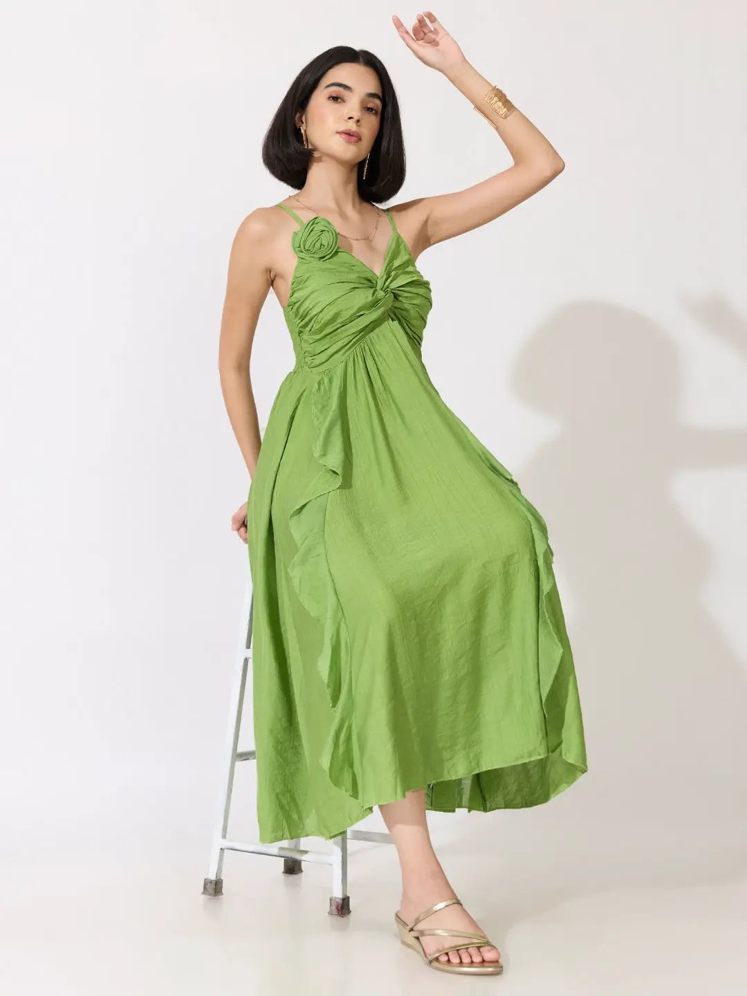 Women's Green Strappy Midi Dress with Floral Appliqué