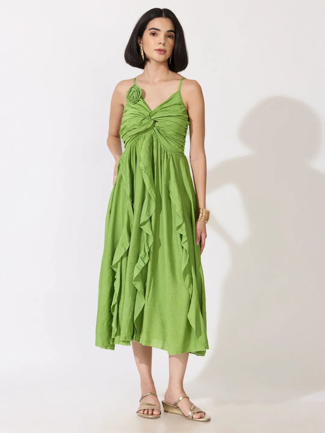 Women's Green Strappy Midi Dress with Floral Appliqué