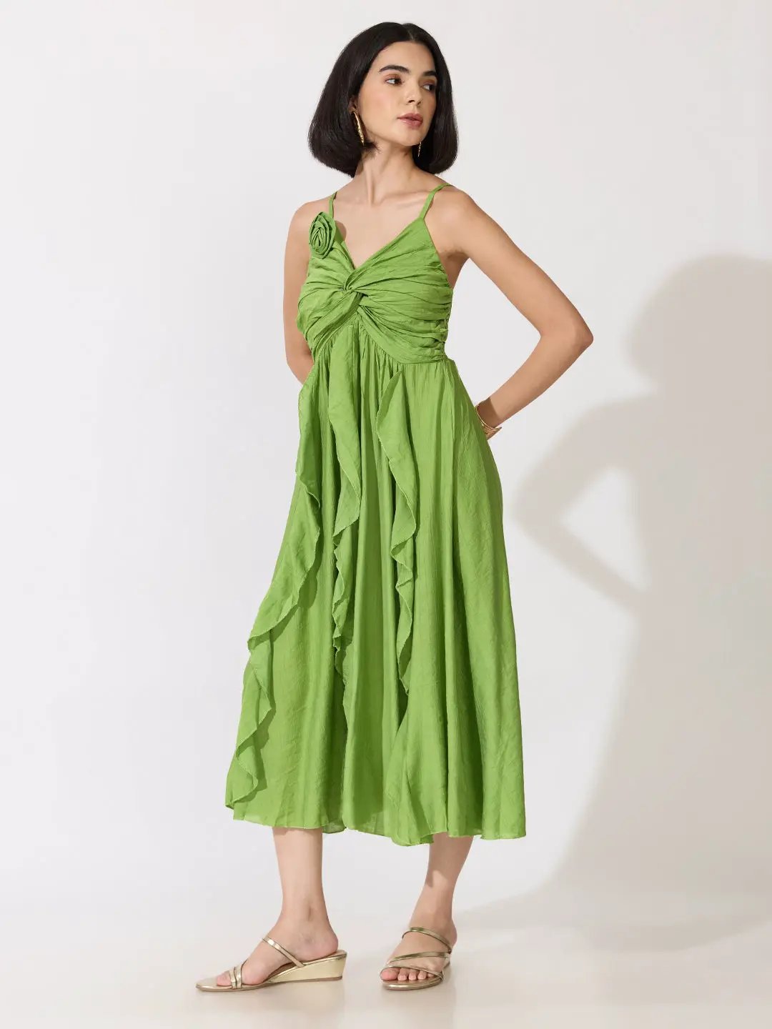 Women's Green Strappy Midi Dress with Floral Appliqué