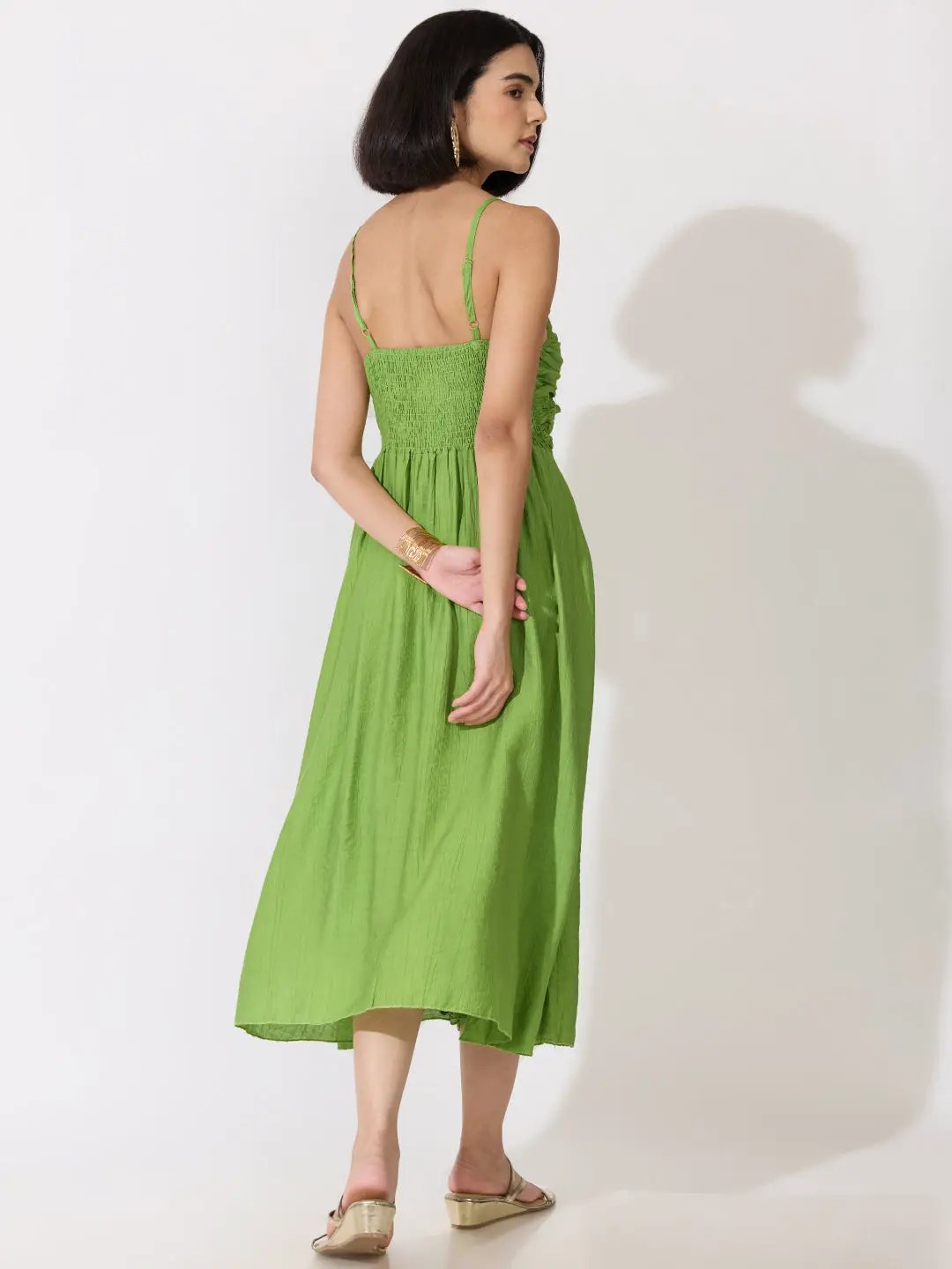 Women's Green Strappy Midi Dress with Floral Appliqué