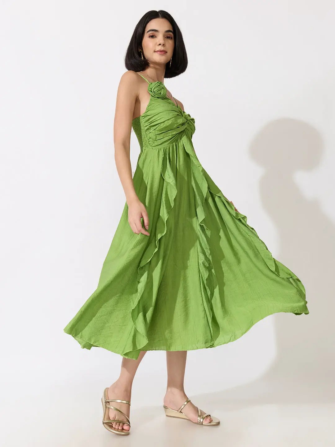 Women's Green Strappy Midi Dress with Floral Appliqué