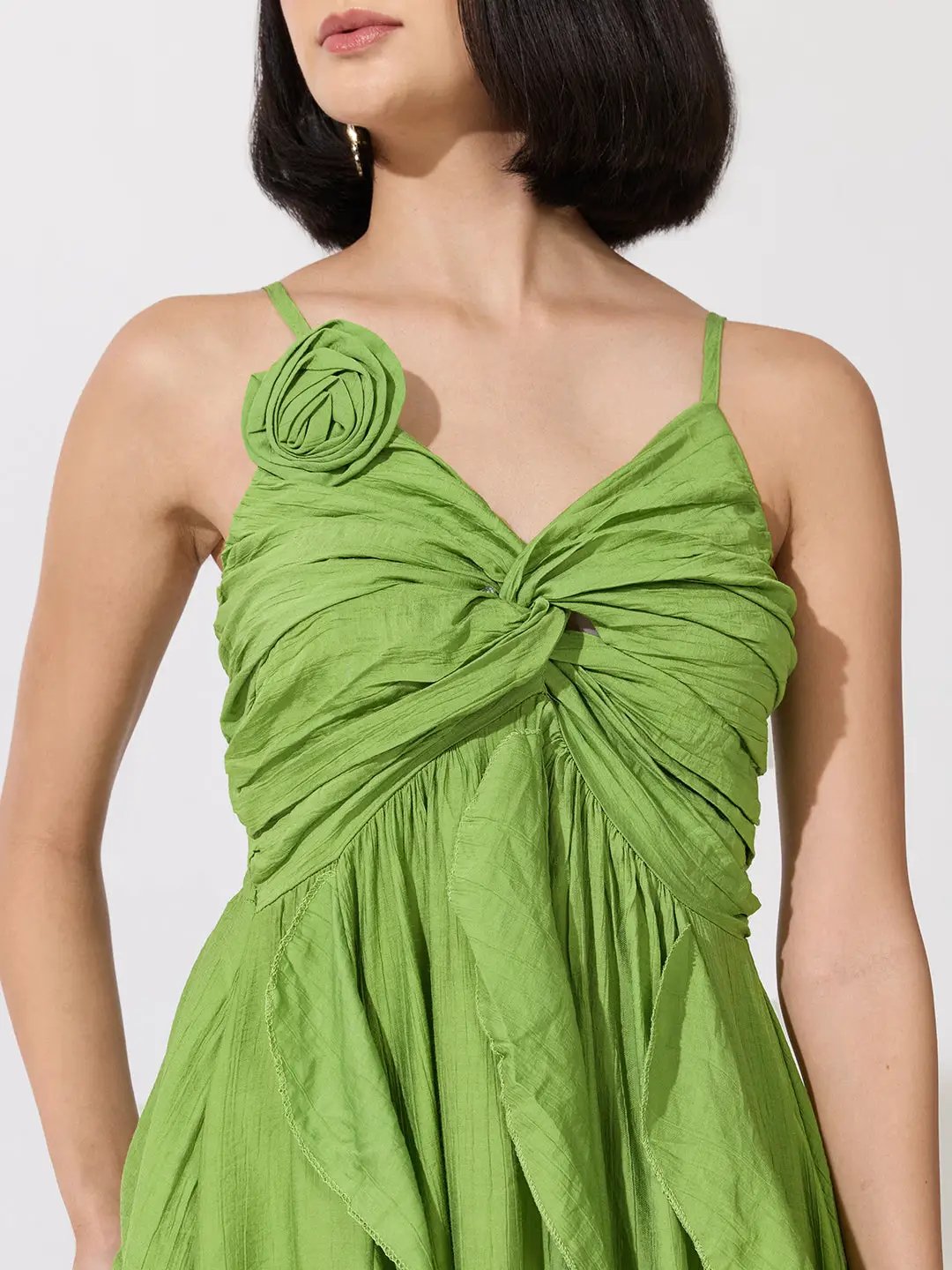 Women's Green Strappy Midi Dress with Floral Appliqué