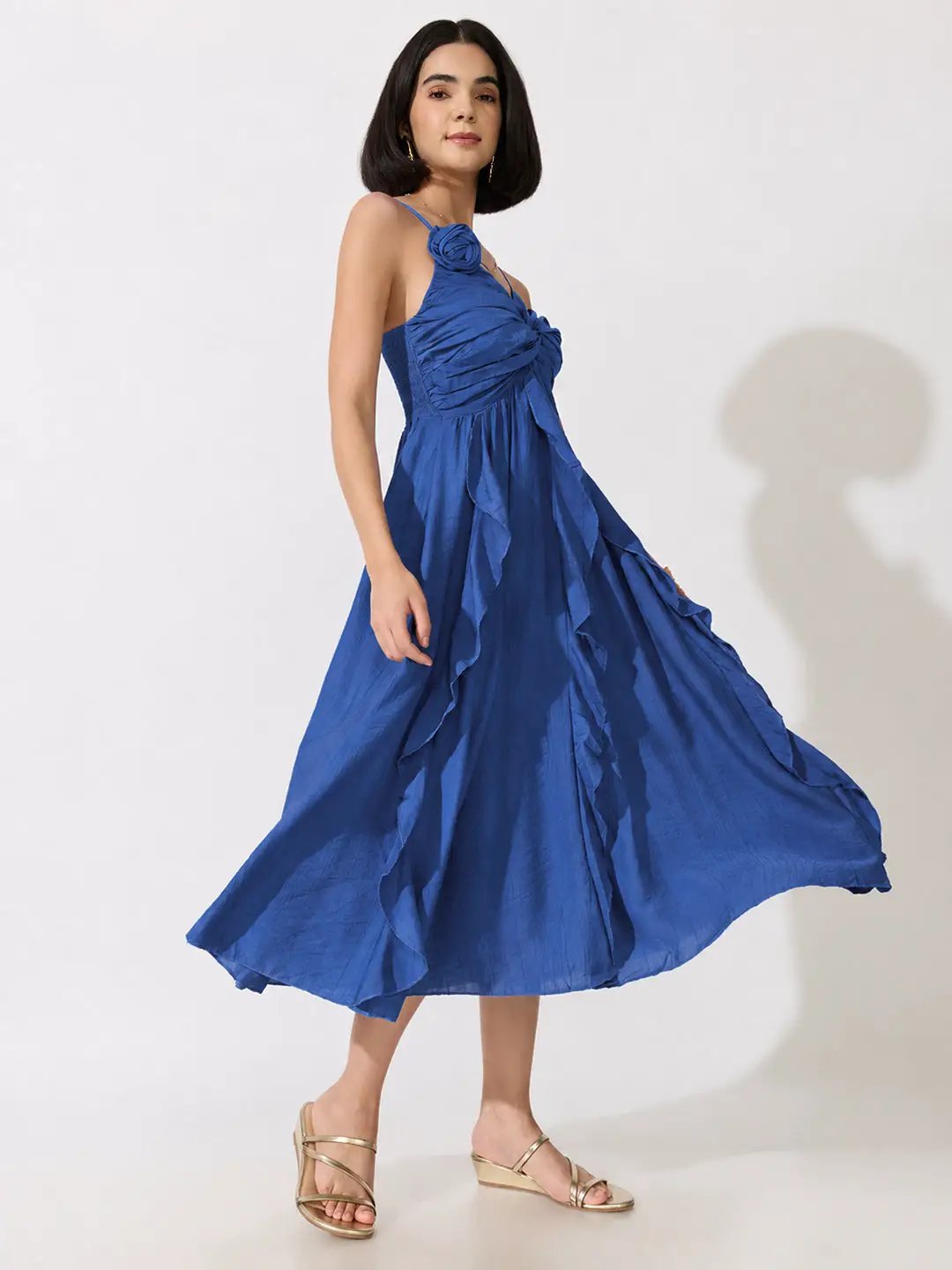 Women's NavyBlue Strappy Midi Dress with Floral Appliqué - from SHOWOFFFF