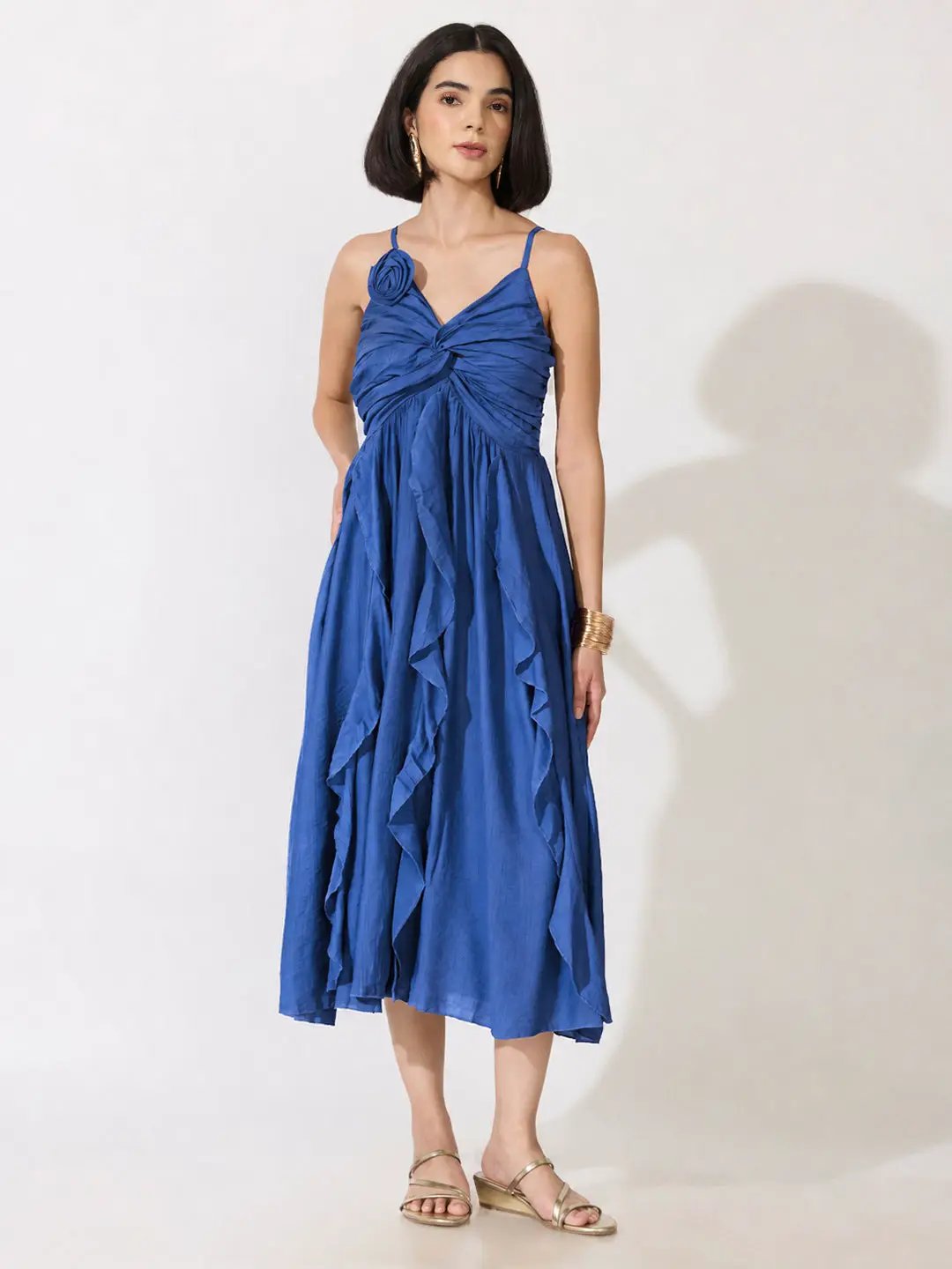 Women's NavyBlue Strappy Midi Dress with Floral Appliqué - from SHOWOFFFF