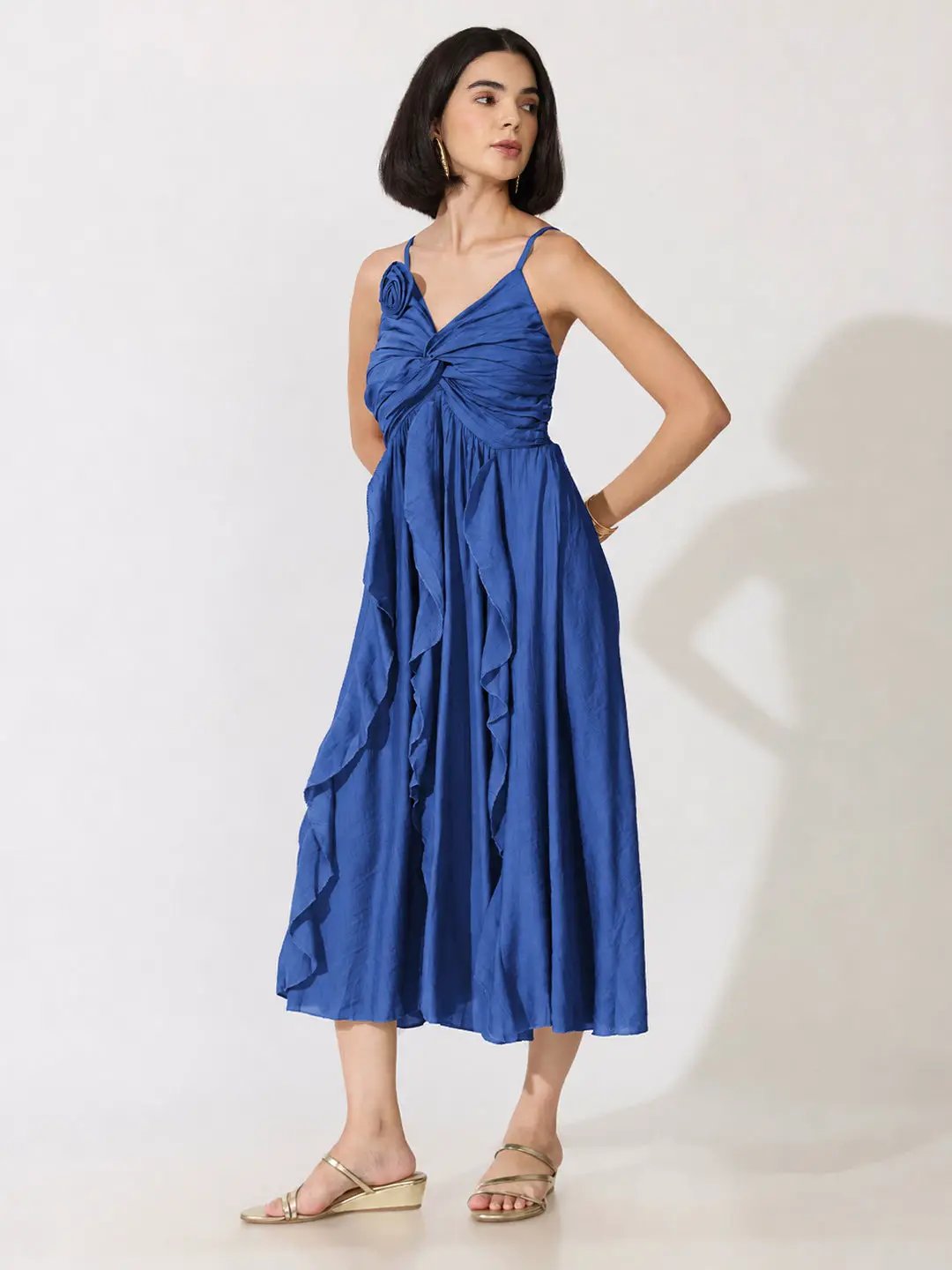 Women's NavyBlue Strappy Midi Dress with Floral Appliqué - from SHOWOFFFF