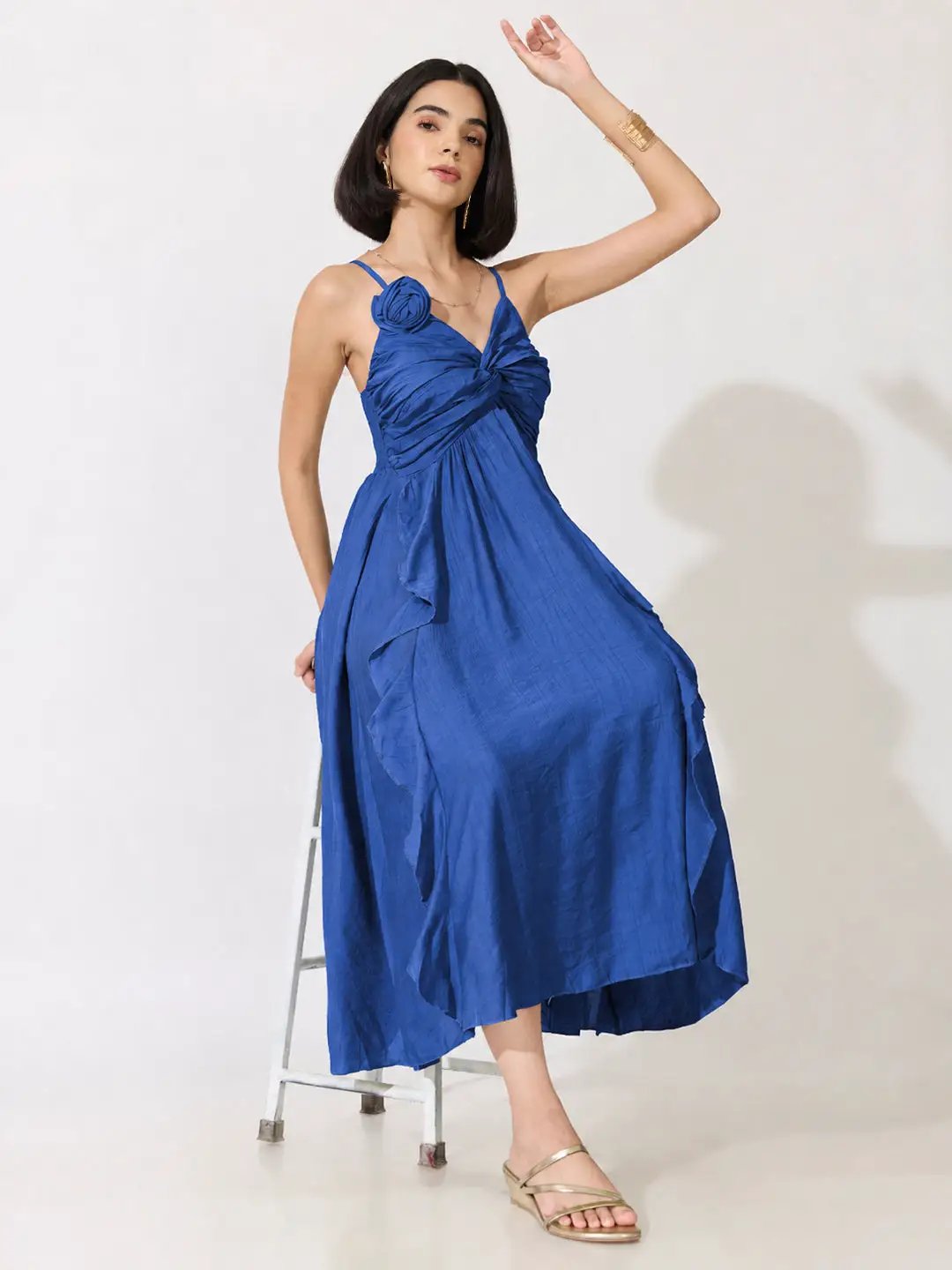 Women's NavyBlue Strappy Midi Dress with Floral Appliqué - from SHOWOFFFF