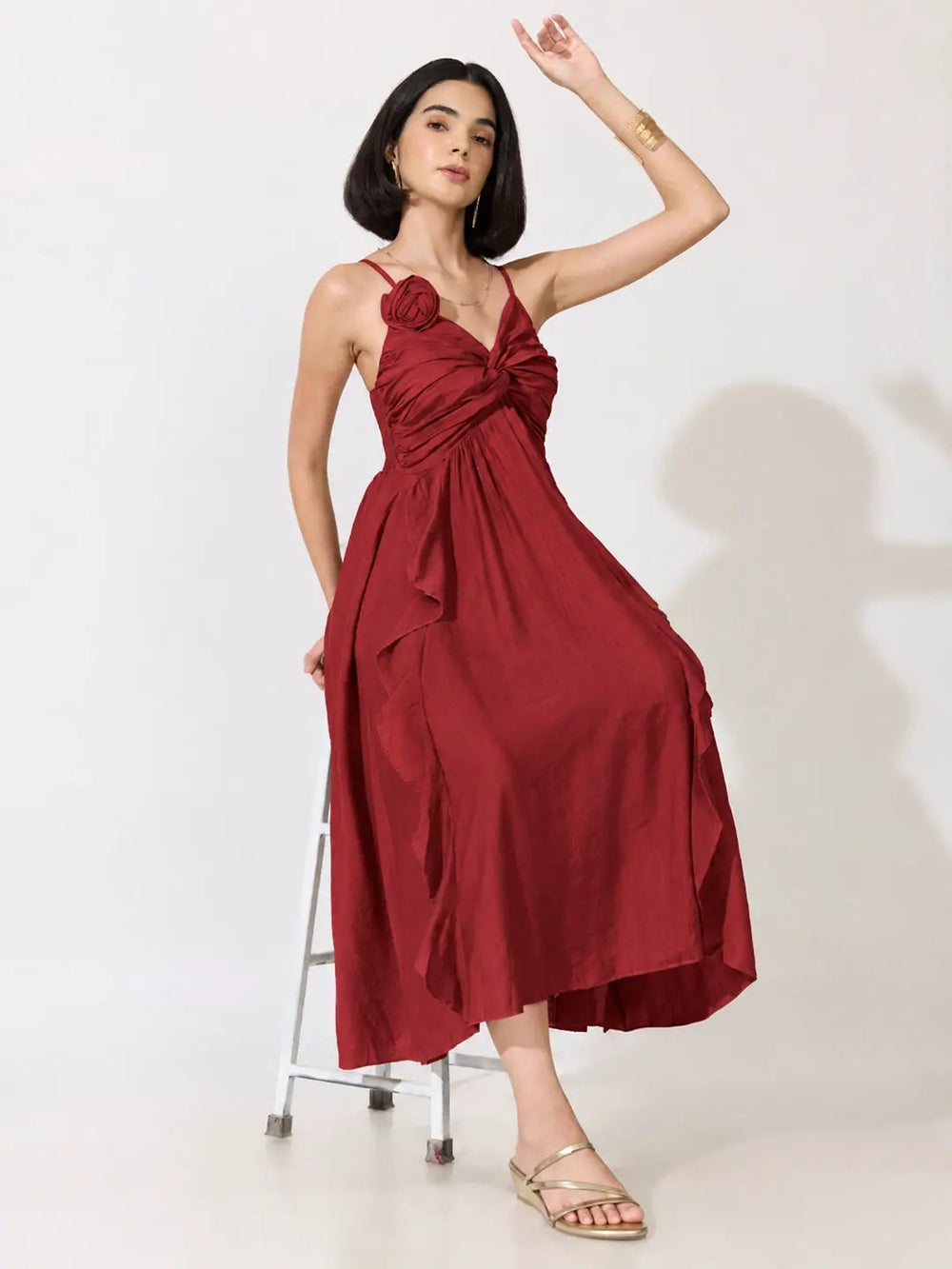 Women's Red Strappy Midi Dress with Floral Appliqué