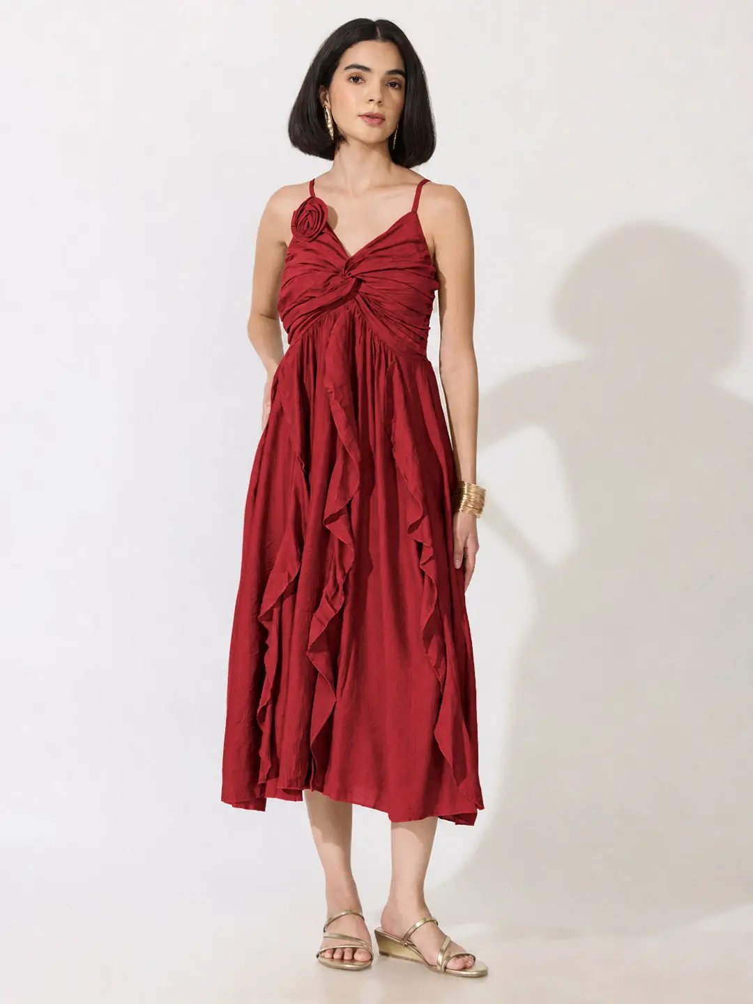Women's Red Strappy Midi Dress with Floral Appliqué - from SHOWOFFFF