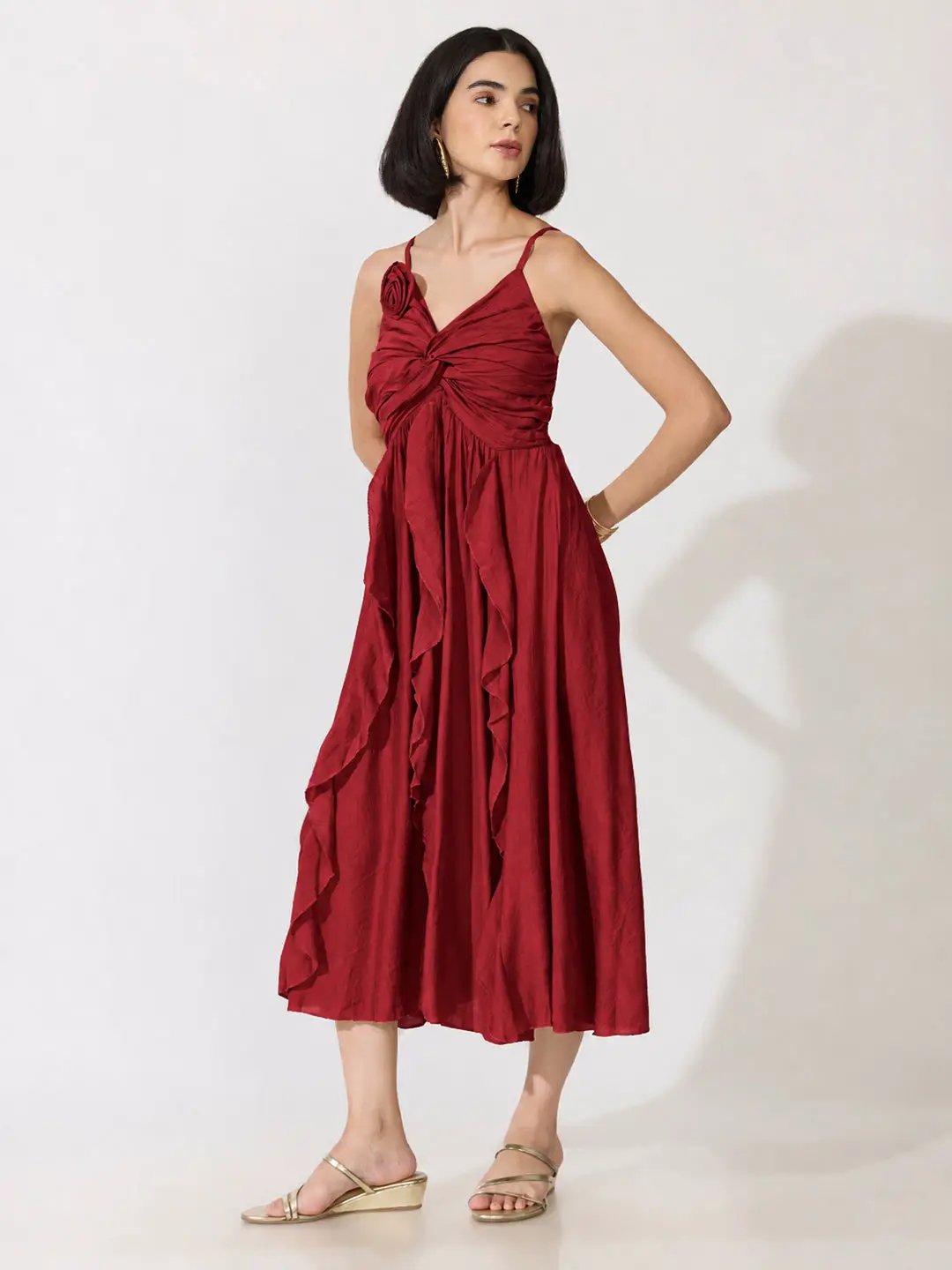 Women's Red Strappy Midi Dress with Floral Appliqué - from SHOWOFFFF