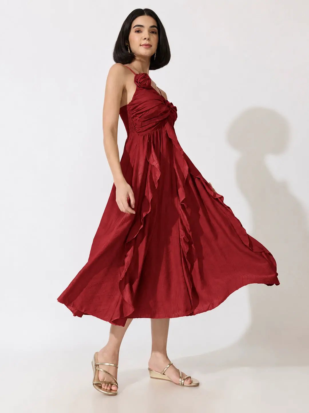 Women's Red Strappy Midi Dress with Floral Appliqué - from SHOWOFFFF