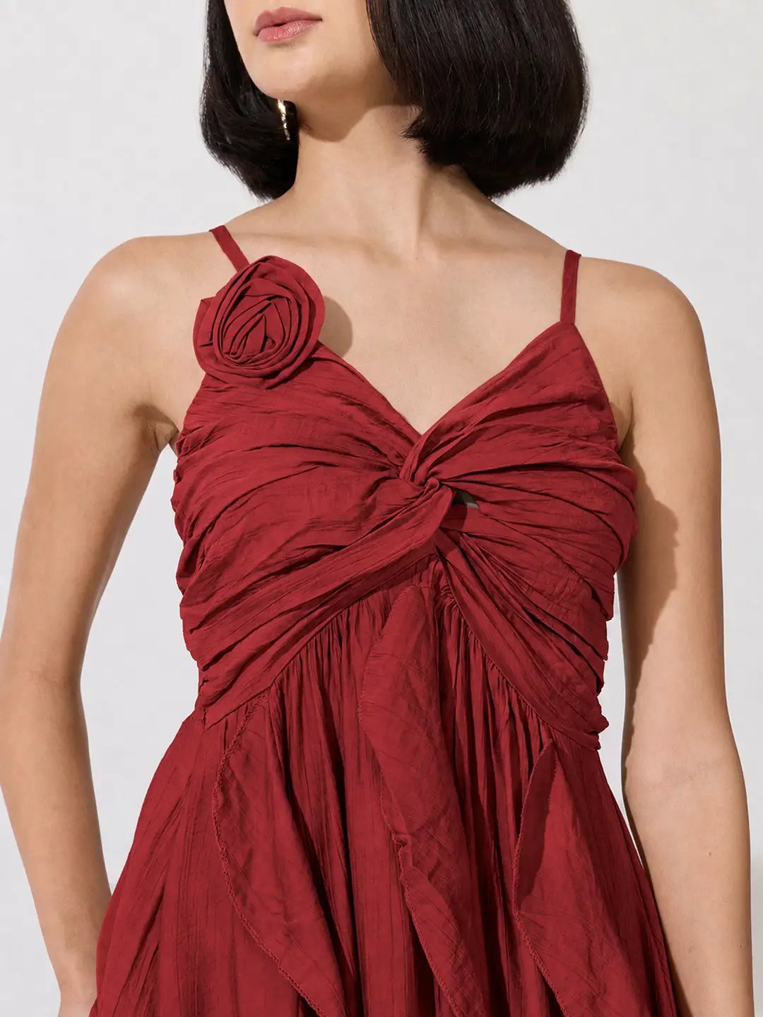 Women's Red Strappy Midi Dress with Floral Appliqué - from SHOWOFFFF