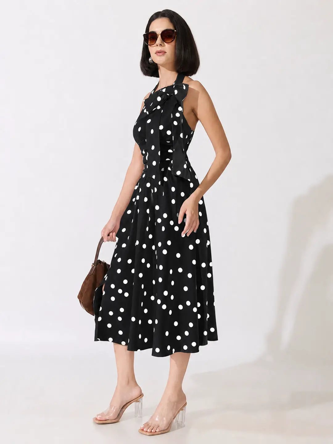 Women's Polka Dot Black Halter Neck Bow Detail Fit & Flare Midi Dress - from SHOWOFFFF