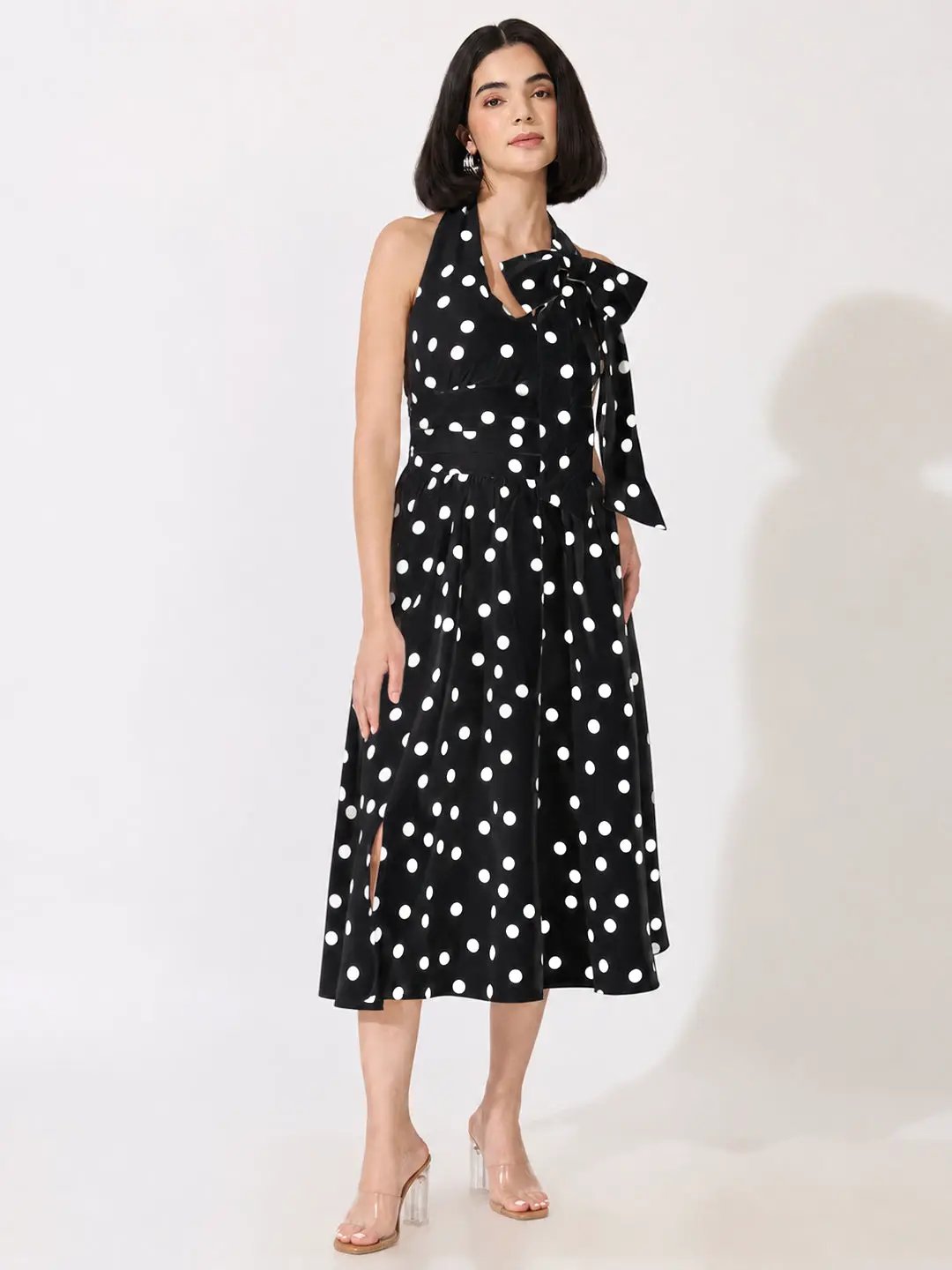 Women's Polka Dot Black Halter Neck Bow Detail Fit & Flare Midi Dress - from SHOWOFFFF