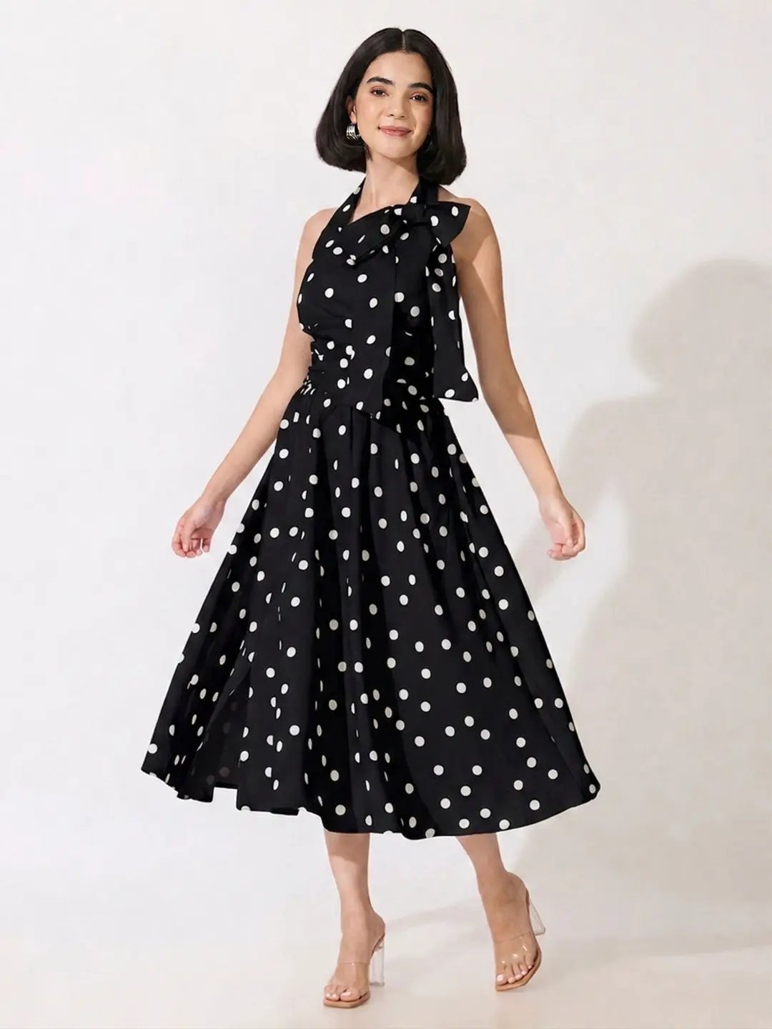 Women's Polka Dot Black Halter Neck Bow Detail Fit & Flare Midi Dress - from SHOWOFFFF