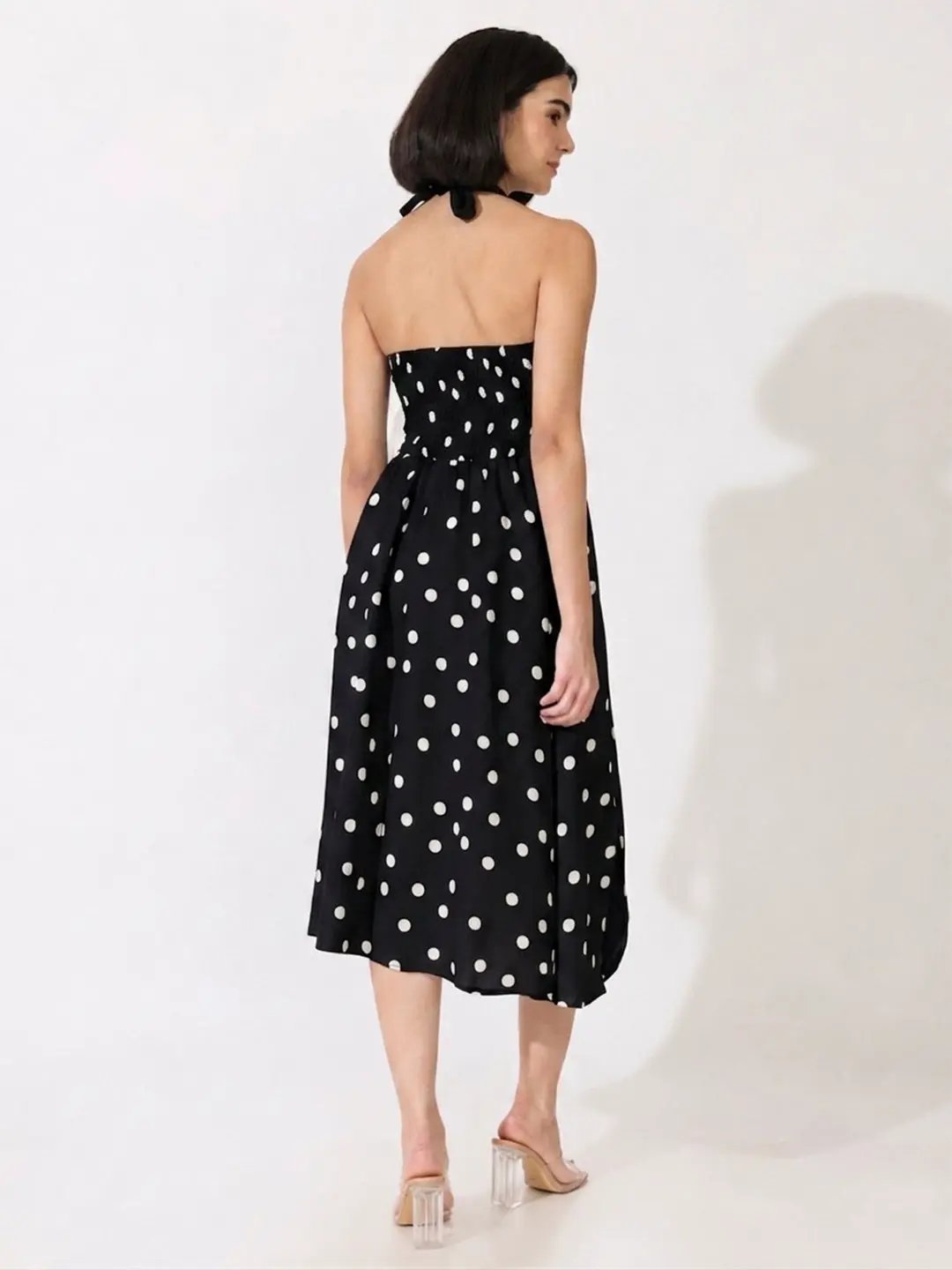 Women's Polka Dot Black Halter Neck Bow Detail Fit & Flare Midi Dress - from SHOWOFFFF