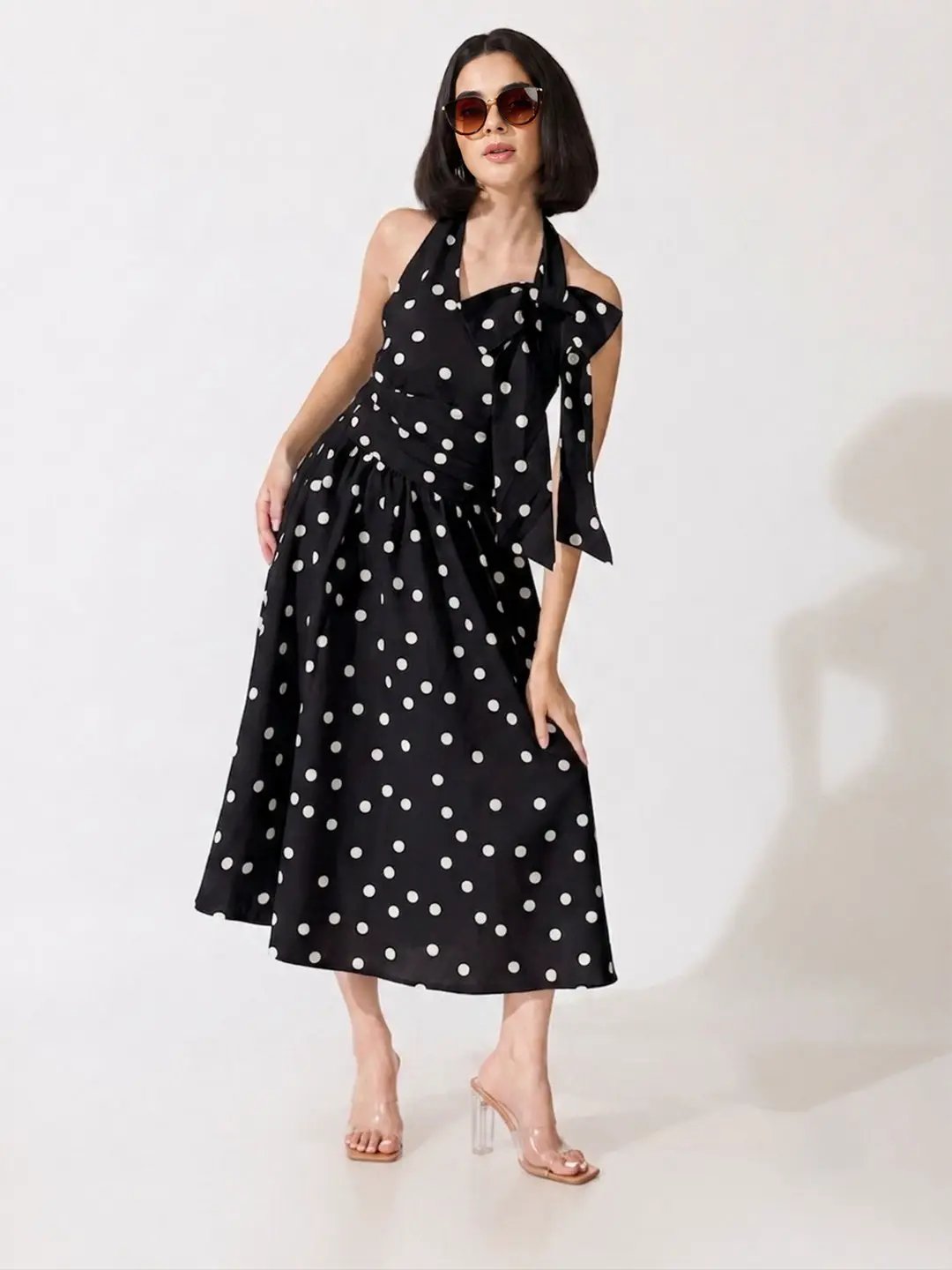 Women's Polka Dot Black Halter Neck Bow Detail Fit & Flare Midi Dress - from SHOWOFFFF