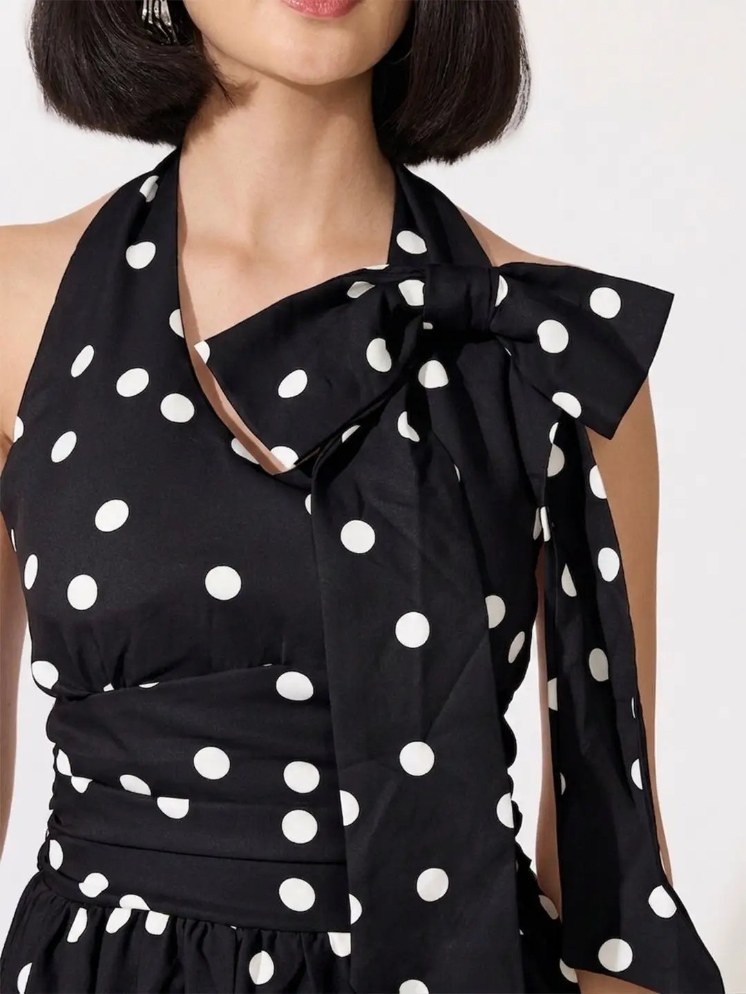 Women's Polka Dot Black Halter Neck Bow Detail Fit & Flare Midi Dress - from SHOWOFFFF