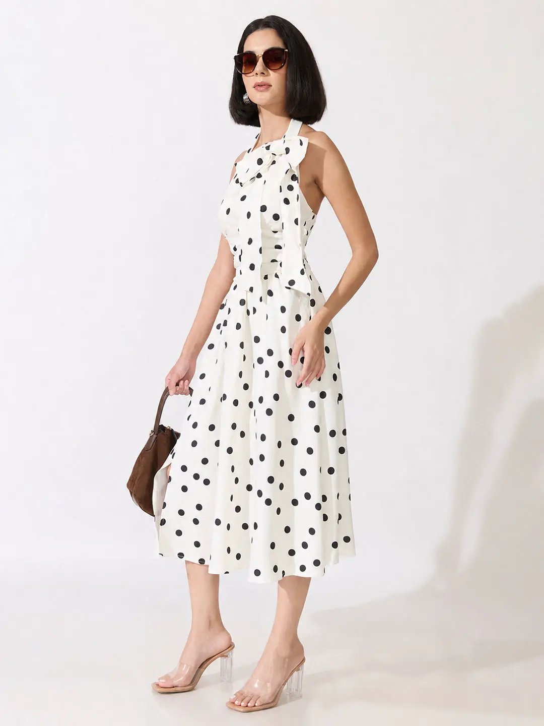 Women's Polka Dot White Halter Neck Bow Detail Fit & Flare Midi Dress