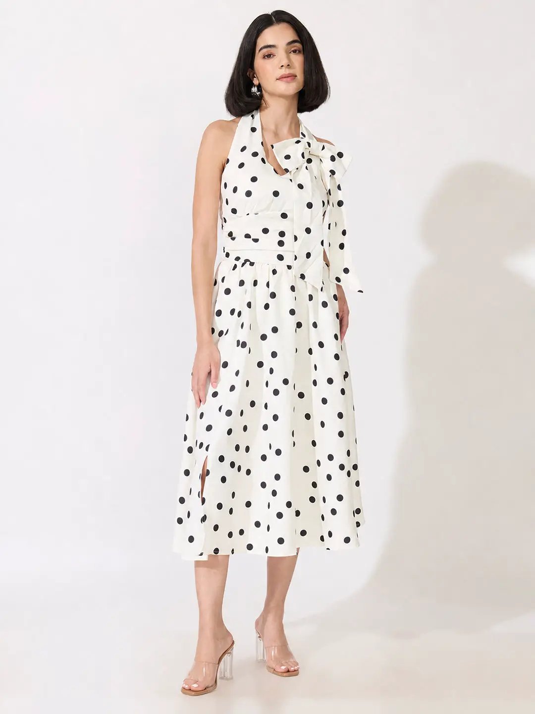 Women's Polka Dot White Halter Neck Bow Detail Fit & Flare Midi Dress
