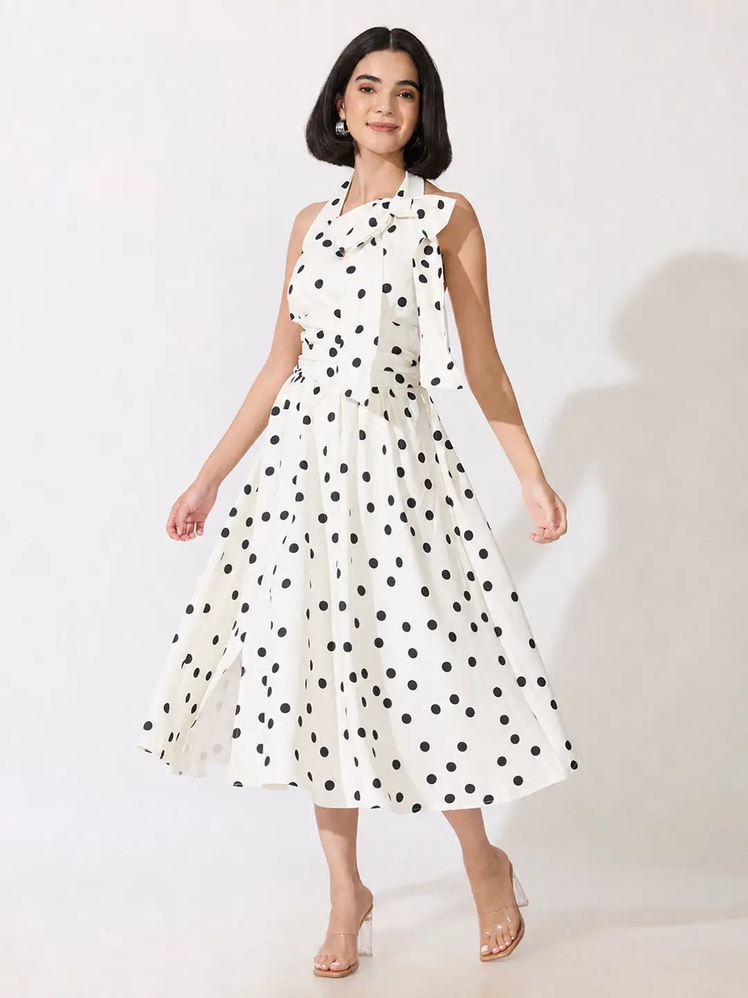 Women's Polka Dot White Halter Neck Bow Detail Fit & Flare Midi Dress