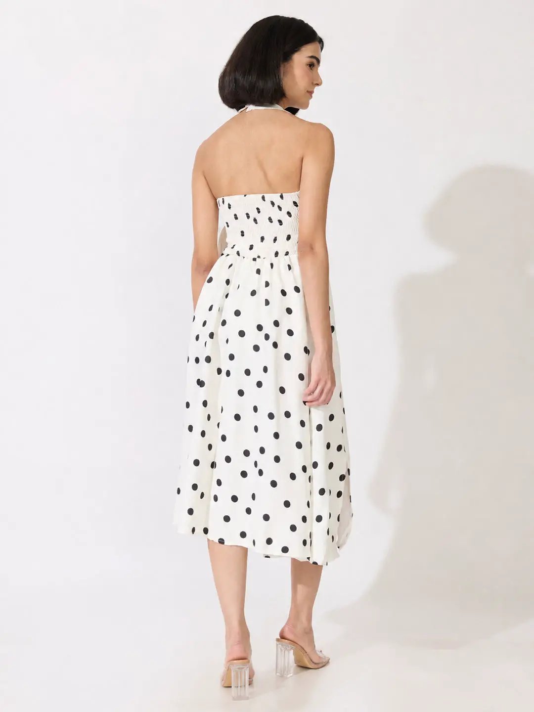 Women's Polka Dot White Halter Neck Bow Detail Fit & Flare Midi Dress