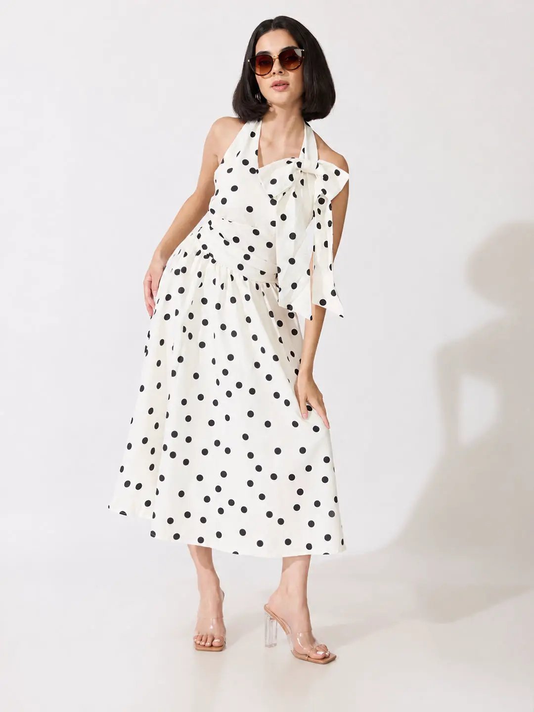 Women's Polka Dot White Halter Neck Bow Detail Fit & Flare Midi Dress